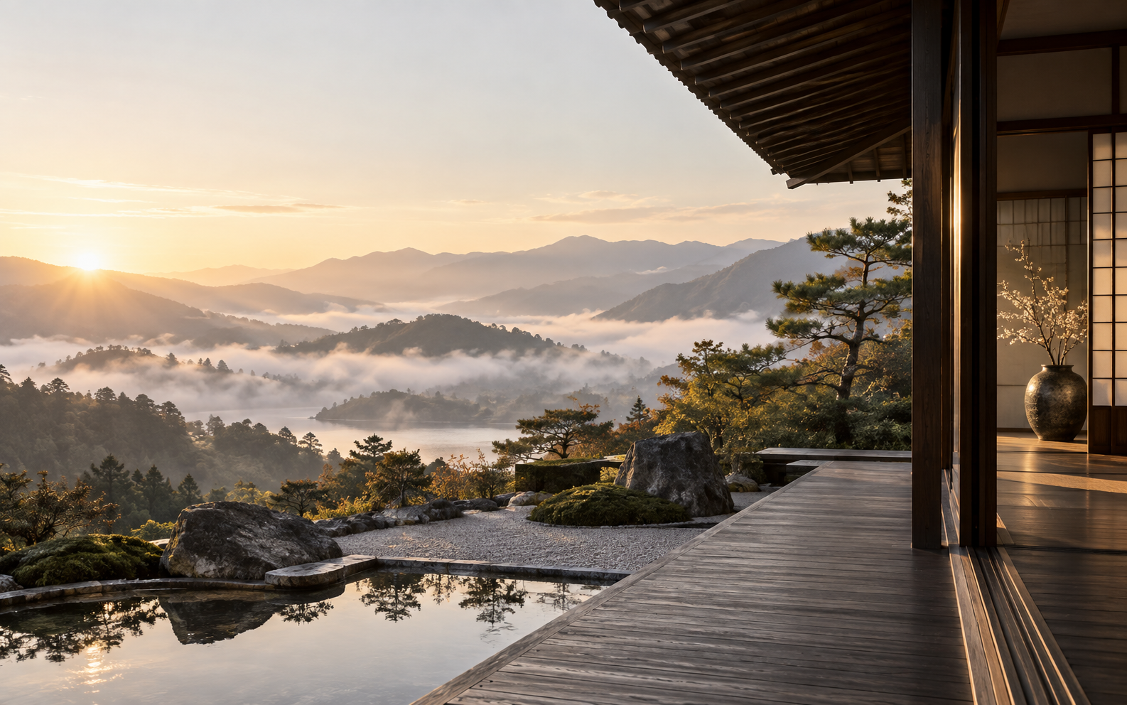 A serene Japanese architectural terrace overlooking misty mountains